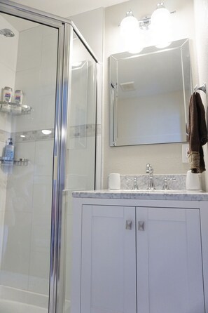 Combined shower/bathtub, hair dryer, towels, soap