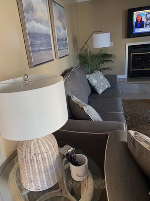 Smart TV, fireplace, books, printers