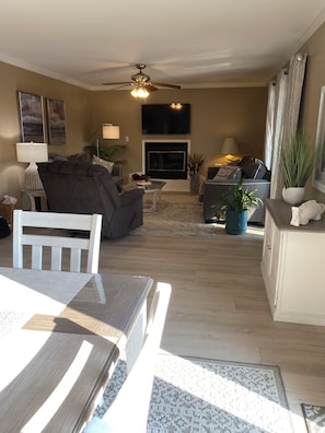 Smart TV, fireplace, books, printers