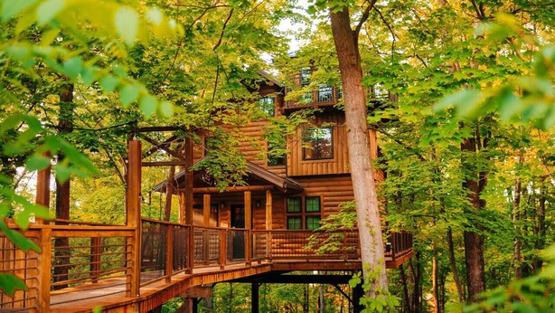 Ein hölzernes Baumhaus mit mehreren Ebenen, verbunden durch Holzstege, umgeben von dichtem Wald.