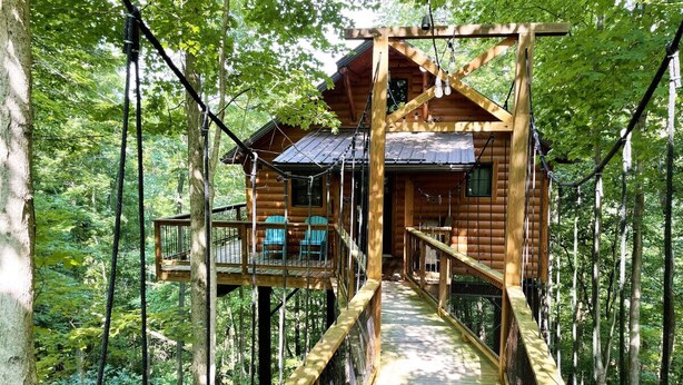 Een houten vakantiehuis met terras, omringd door bos.