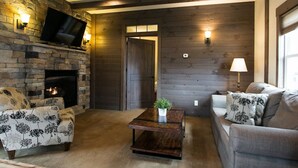 Un salon chaleureux avec une cheminée en pierre, un téléviseur à écran plat fixé au-dessus, et un mur en bois. On y trouve un canapé et une table basse sur laquelle est posée une plante.