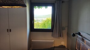 A room with a window overlooking a green landscape, a radiator, and a door with a handle.