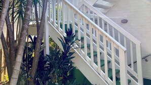 A staircase with white railings, surrounded by tropical plants and a white brick wall. - Casa de Piña, 700 mts to Newport Beach, headland views, spacious 2 bedrm apt.  (Newport)
