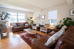 TV, fireplace, books, stereo