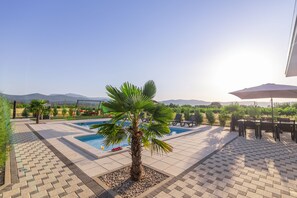 Un espace piscine agrémenté d’un palmier, de chaises longues et offrant une vue sur les montagnes.