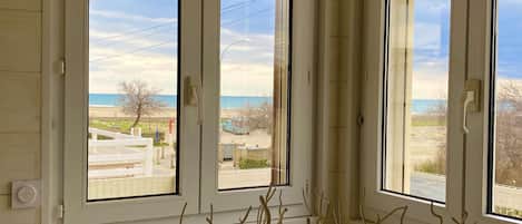A room with large windows offering a view of the beach and ocean.
