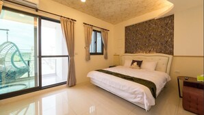 A hotel room with a large bed, a balcony with a chair, and a decorative wall panel. - Sugar Baby B&B (Wujie)