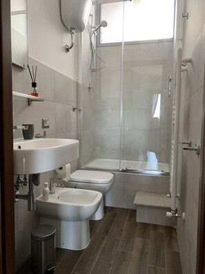 Regadera, secadora de cabello, bidet, toallas 