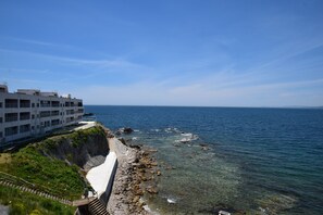 A coastal hotel with a view of the sea, a rocky shoreline, and a staircase leading to the beach. - Ocean Front BEACH 312 hot spring (Shirahama)