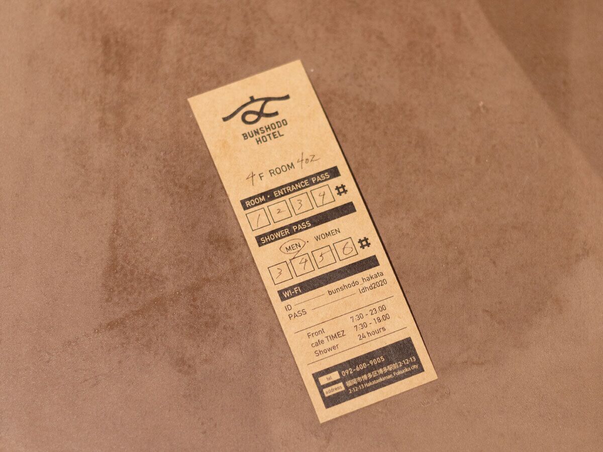 A hotel room key card for Bunshodo Hotel, indicating a 4F room, 40oz shower, and 24-hour cafe access.