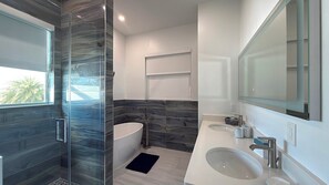 Bathtub, hair dryer, towels, toilet paper