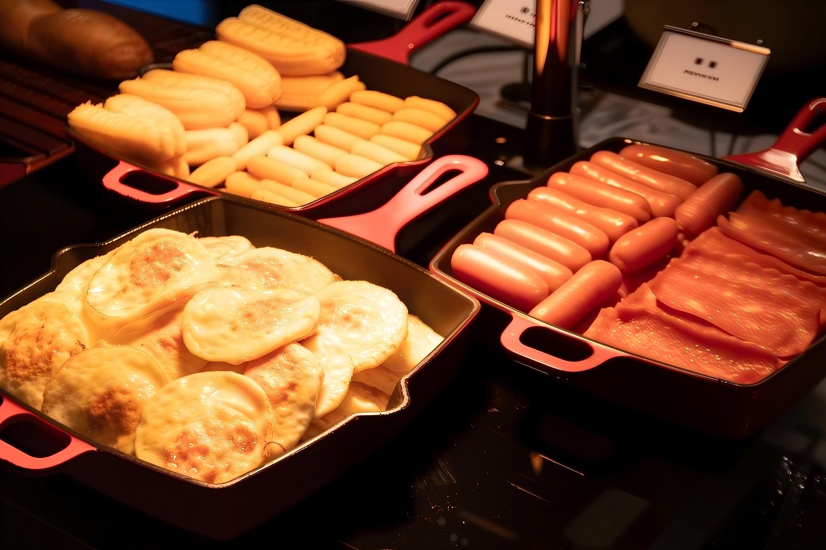 A buffet with various food items in red and black trays.