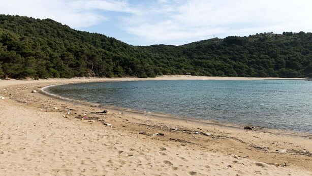 Ein Strand mit einer gewundenen Küstenlinie, Sandstrand und bewaldeten Hügeln im Hintergrund.