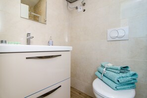 Shower, hair dryer, towels