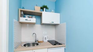 Cocina compacta con lavabo, hervidor y lavavajillas.