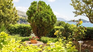 Un jardin où l’on trouve une grande variété de plantes et de fleurs, un grand arbre et, au loin, une vue sur la mer.
