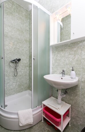 Chuveiro, secador de cabelo, toalhas de banho 