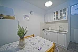 Fridge, microwave, stovetop, cookware/dishes/utensils