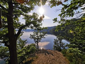 Eine natürliche Landschaft mit einem See, Bäumen und blauem Himmel.