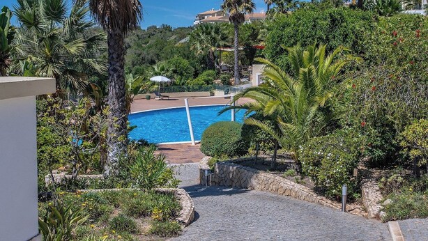 Una piscina rodeada de exuberante vegetación y un camino de piedra que lleva a un edificio blanco.