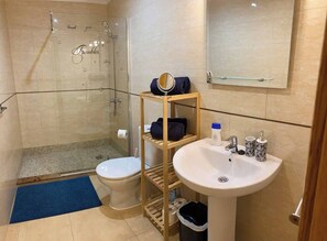Shower, hair dryer, towels, toilet paper