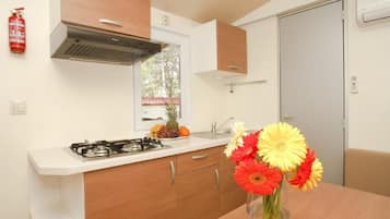 Standard Mobile Home, 2 Bedrooms | Private kitchenette | Fridge, electric kettle, cookware/dishes/utensils