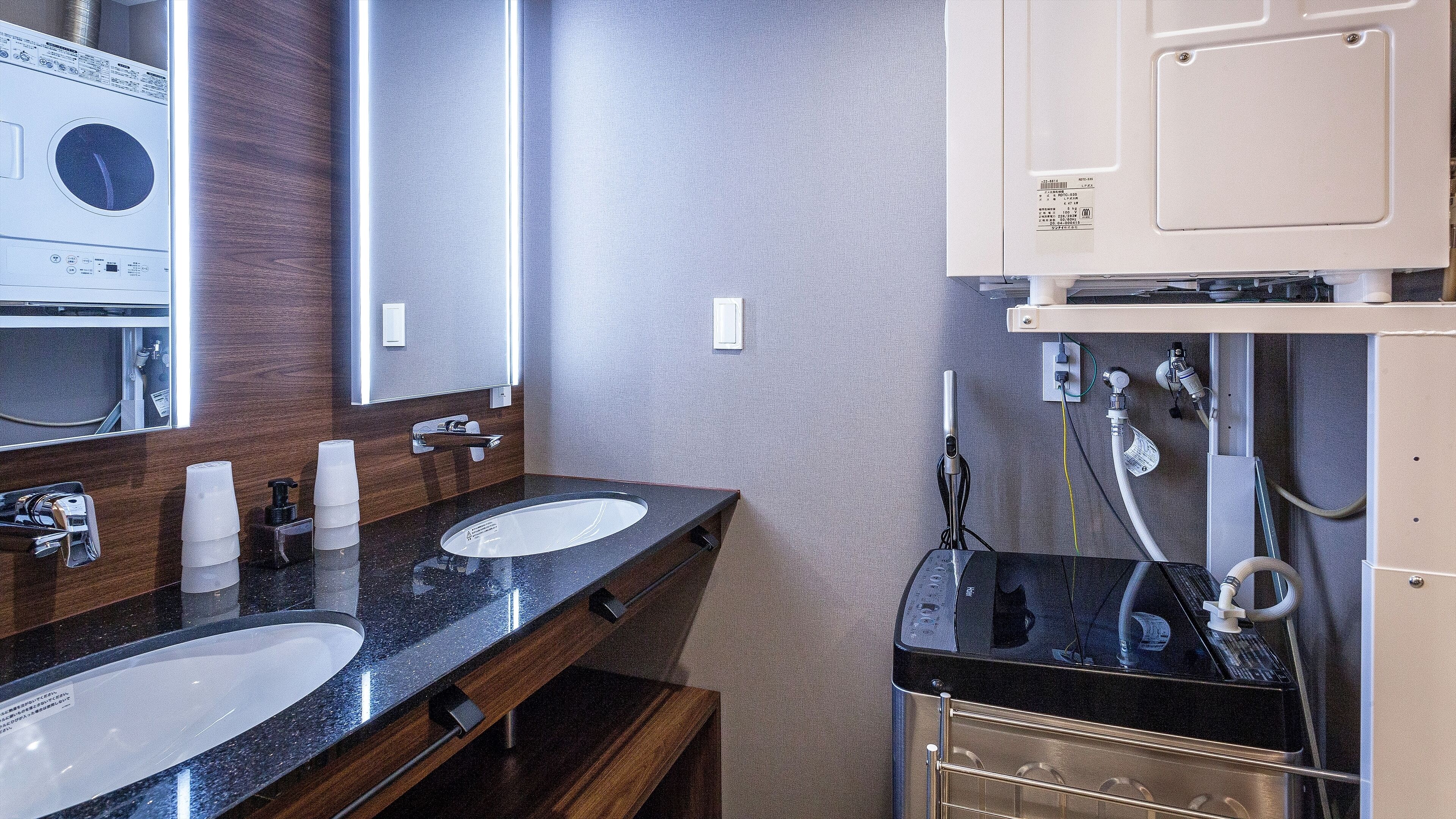 A bathroom with two sinks, a mirror, and a washing machine.