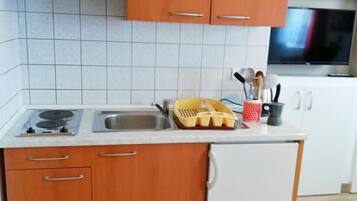 Fridge, toaster, cookware/dishes/utensils