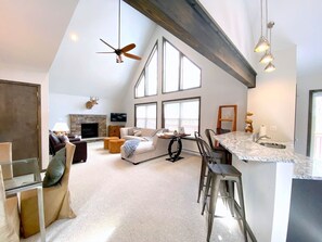 Smart TV, fireplace, video games, stereo