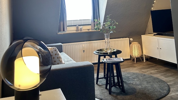 Un salón moderno con un sofá gris, una mesita redonda con una planta, un radiador, un televisor sobre un mueble bajo y una ventana con cortinas.