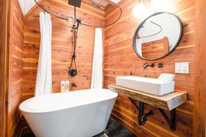 Bathtub, hair dryer, towels - The Back Porch ~ Modern A-Frame with a View (Mountain View)