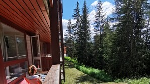 A wooden deck with a bench, a glass door entrance, and a view of a forested area. - Arcs 1800: Renovated 3BR 🏔️ 4 Crystals + Parking Incl. 🚗 - Transarc 100m (Bourg-Saint-Maurice)