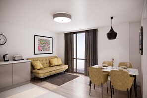 อพาร์ทเมนท์, 1 ห้องนอน | บริเวณนั่งเล่น | ทีวีจอแบน