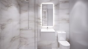 A modern bathroom with a glass-enclosed shower, a white sink, and a toilet. - Lusso (Macclesfield)