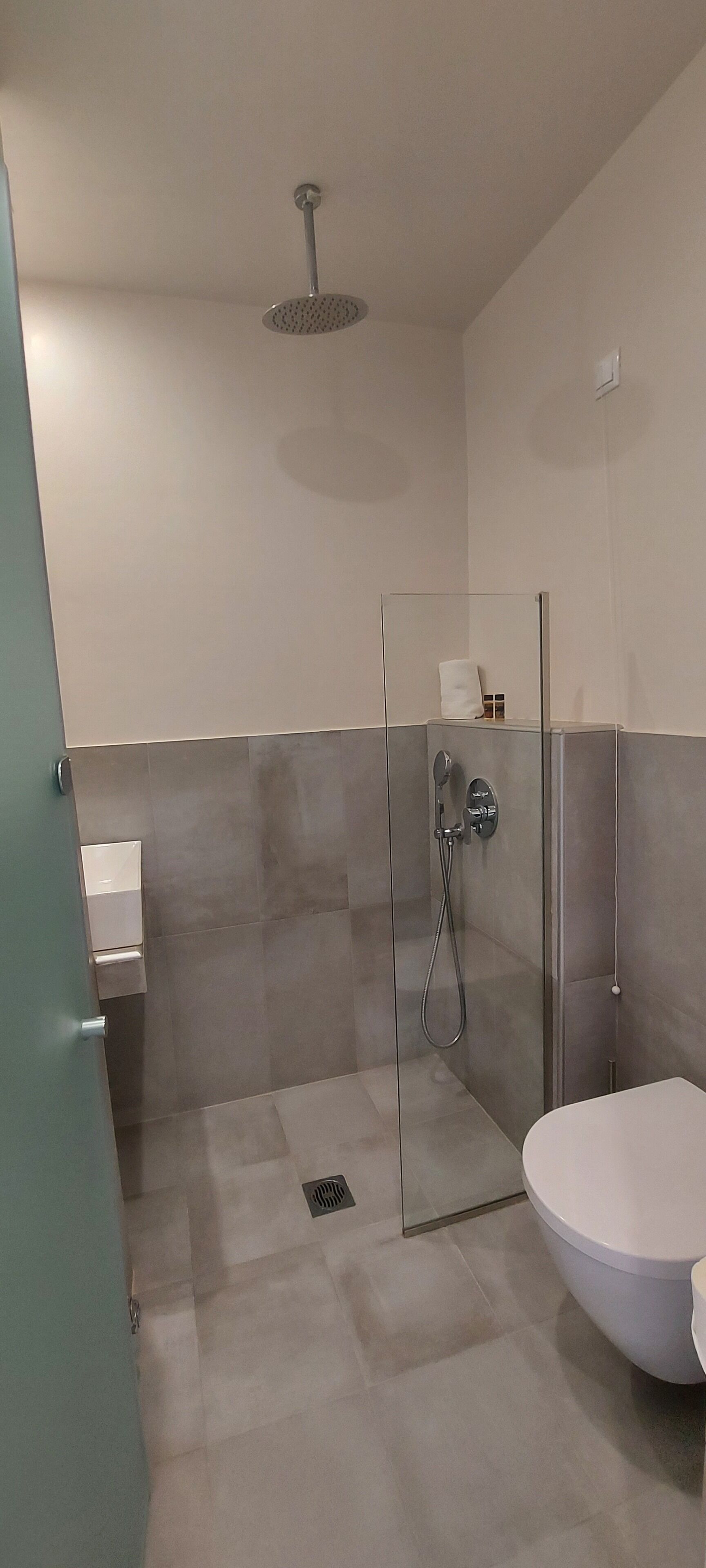 A modern bathroom with a glass-enclosed shower, a white toilet, and a small sink area.