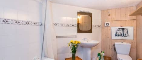 Combined shower/bathtub, towels, soap, toilet paper