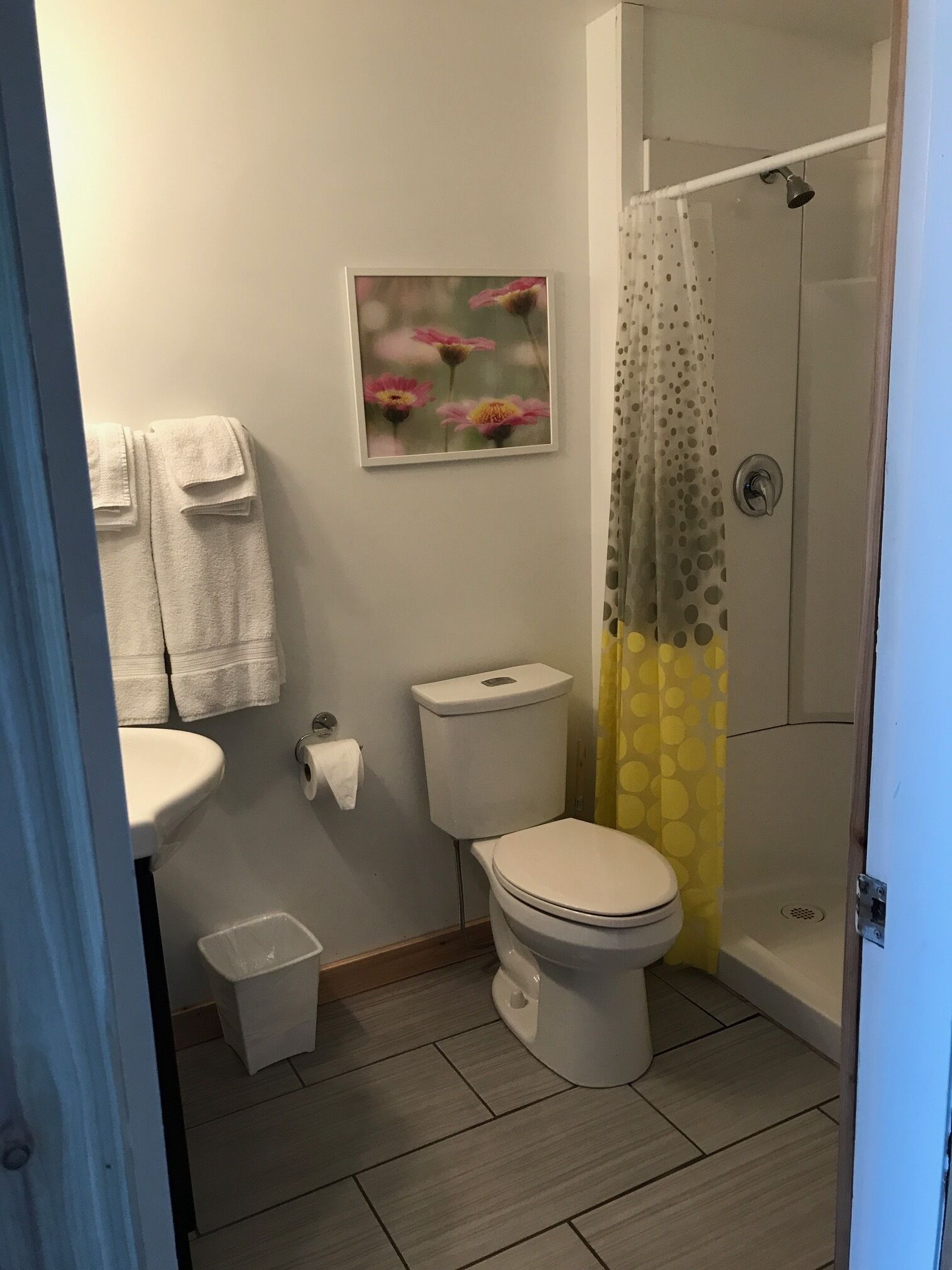 Une salle de bain avec des toilettes, un lavabo et une douche. Il y a des serviettes accrochées au mur et un tableau représentant des fleurs.