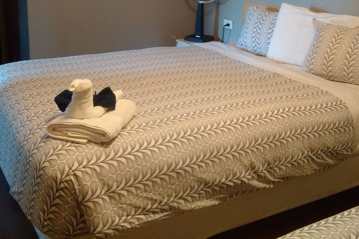 Una cama bien hecha con un edredón estampado, dos lámparas de noche y un enchufe de pared.
