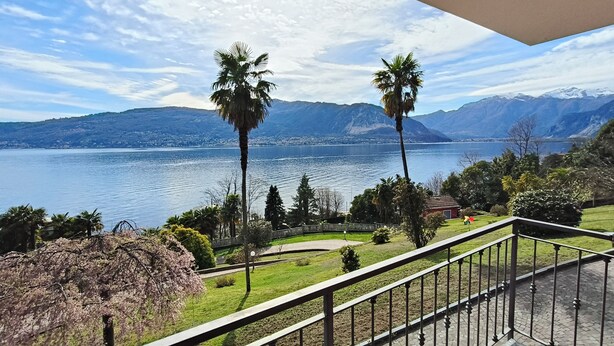 Un balcon avec vue sur un lac, des montagnes et un jardin agrémenté de palmiers.