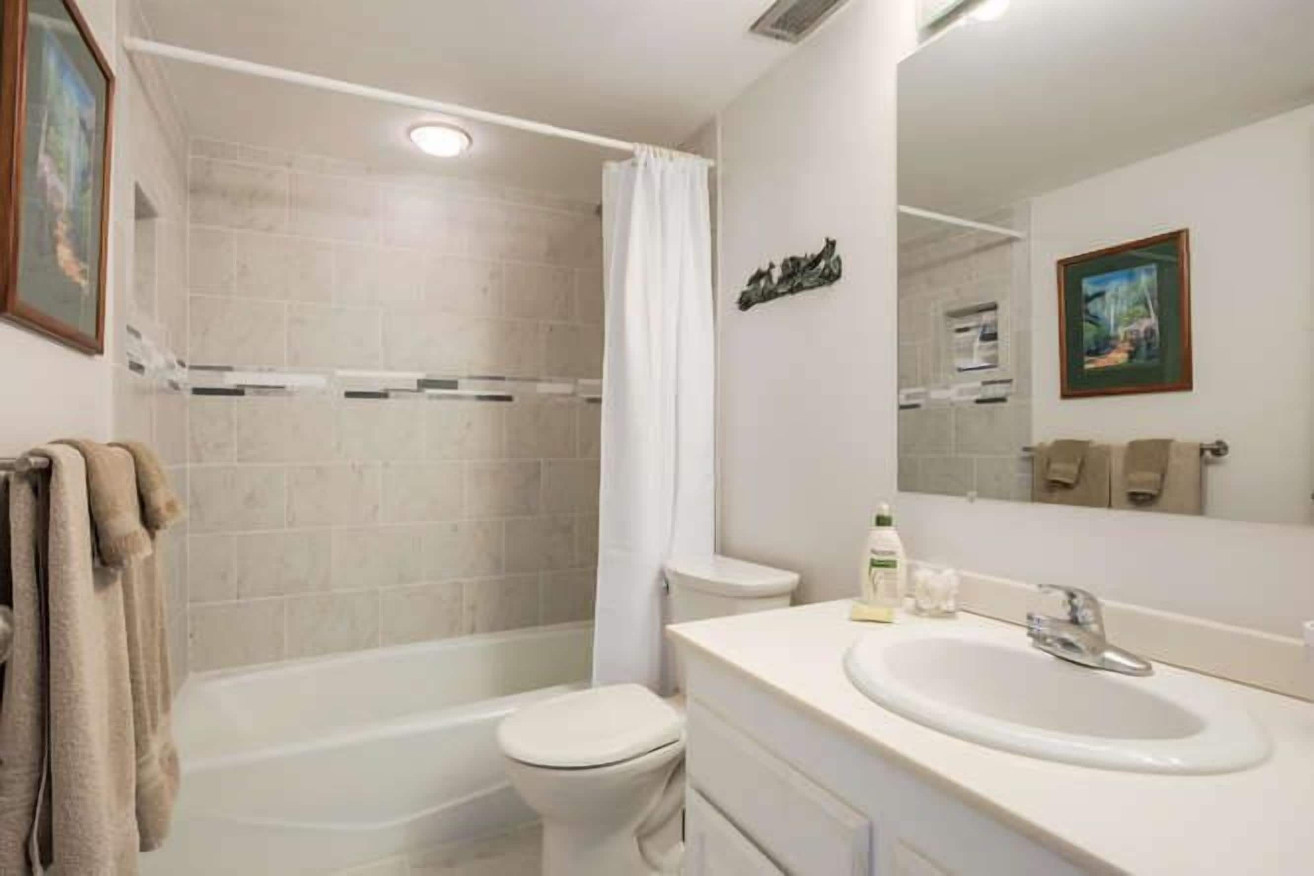 Combined shower/tub, towels