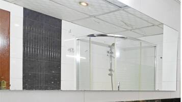 Shower, free toiletries, towels, soap