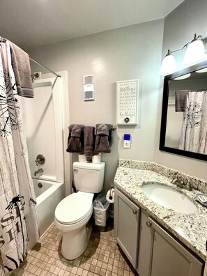 Combined shower/bathtub, hair dryer, towels, soap