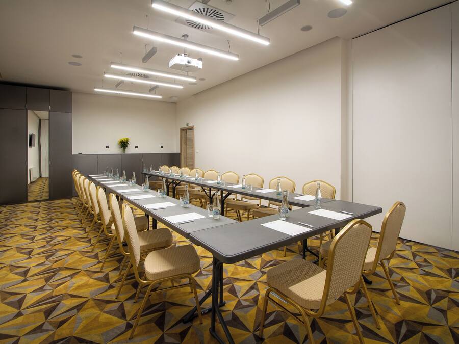 A conference room with a long table, chairs, and a patterned carpet.