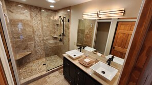 Combined shower/bathtub, hair dryer, towels, soap