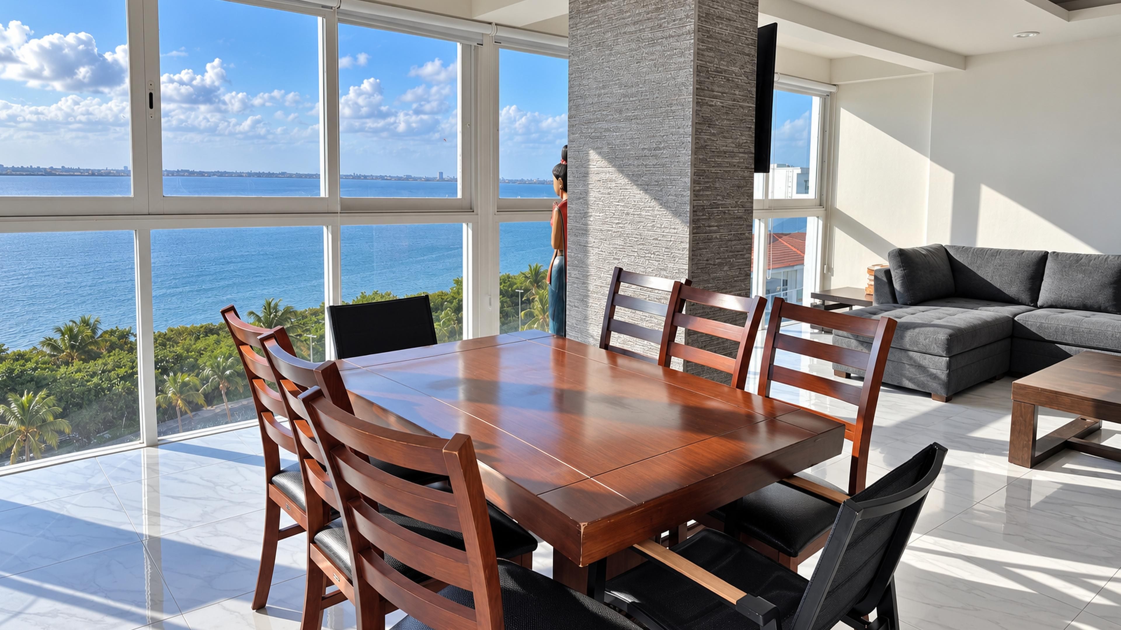 Un espace de salle à manger moderne, doté d’une grande table et de chaises, d’un pilier en pierre et offrant une vue sur la mer.