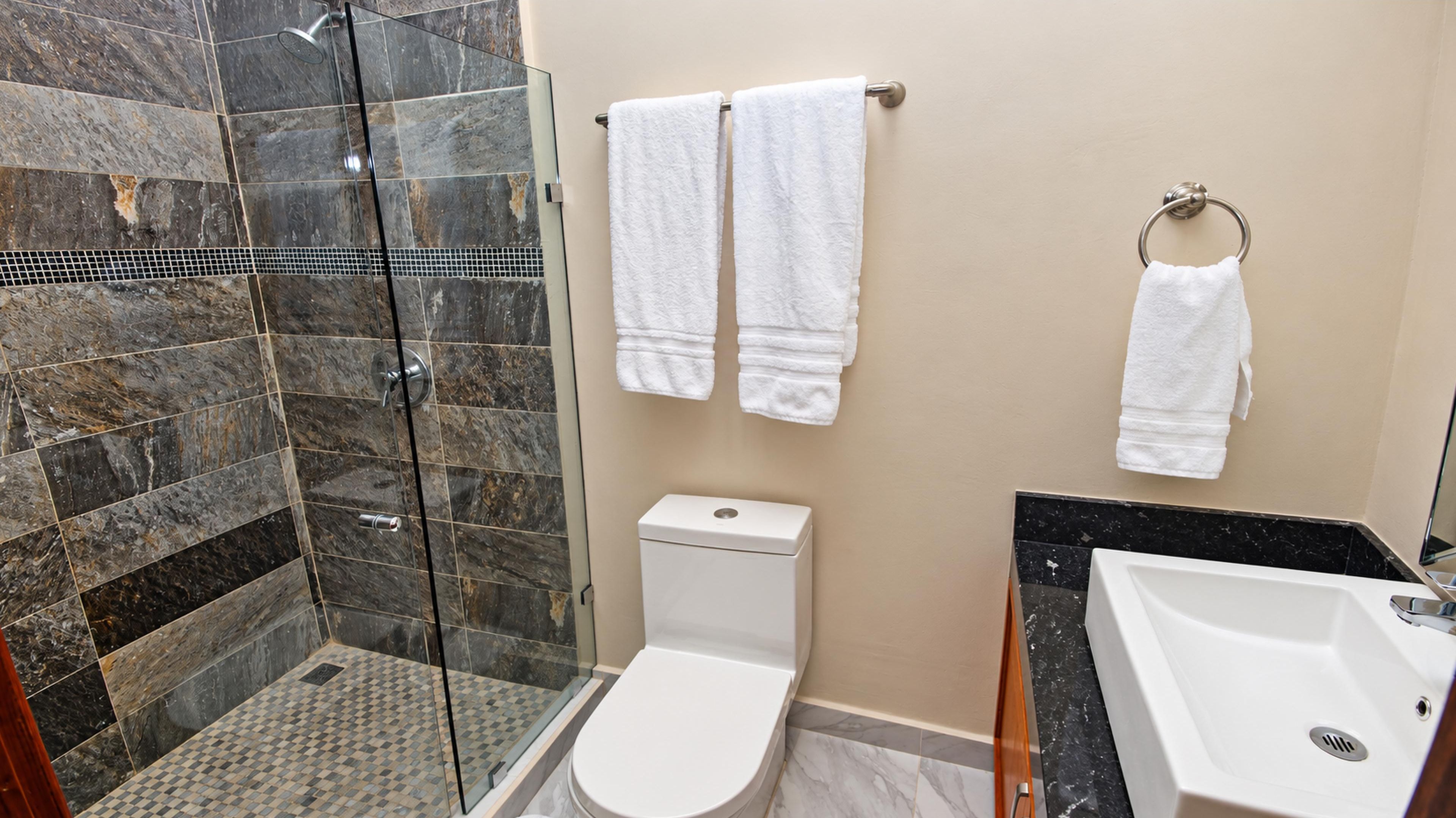 Bedroom 2’s private bathroom with a vessel sink and glass-enclosed stone-tile shower.