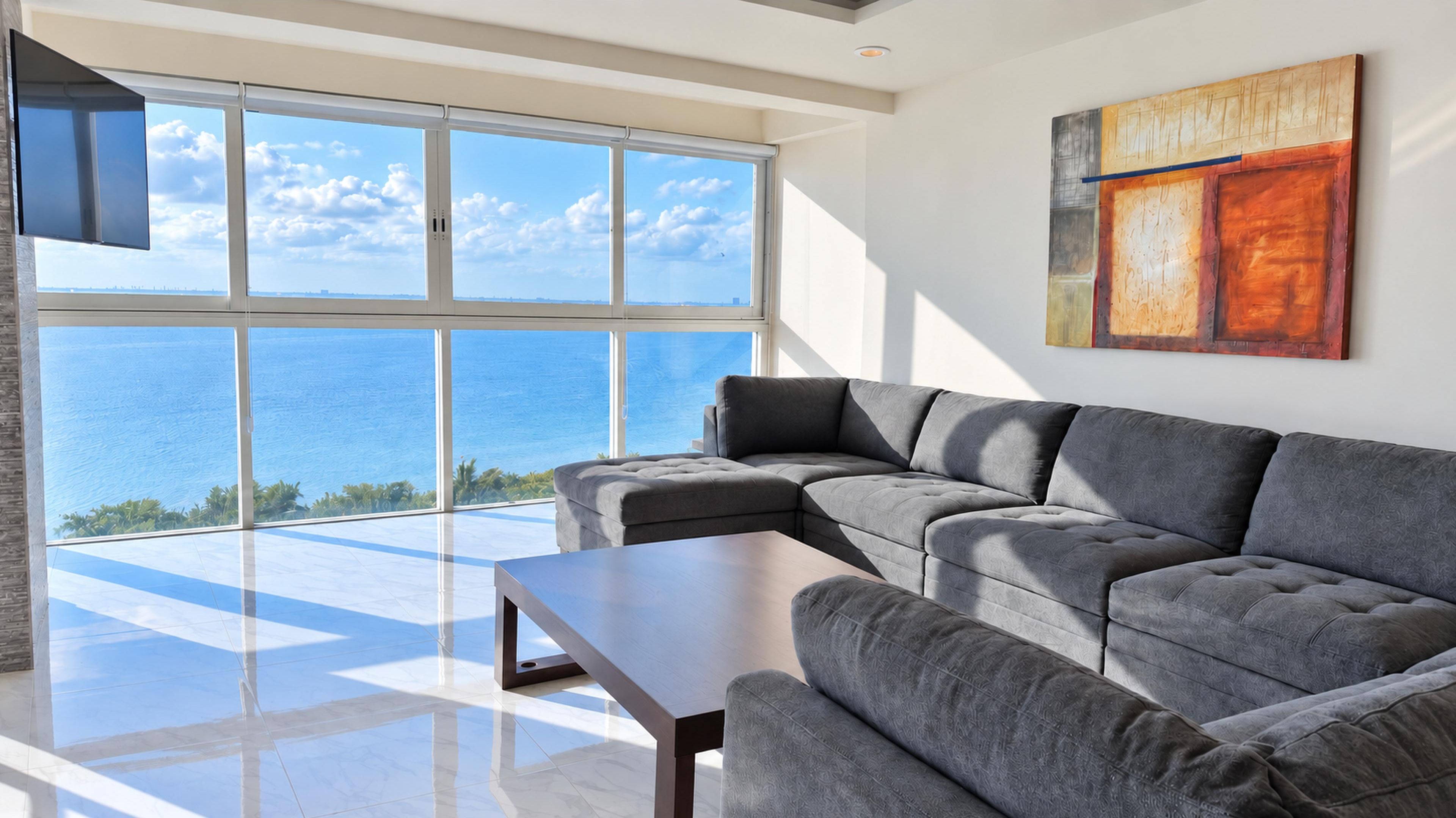 Comfortable sectional seating beside floor-to-ceiling windows overlooking Nichupté Lagoon.