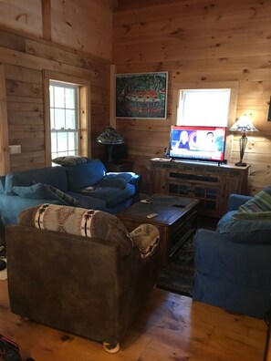 TV, fireplace -  Stunning Riverfront Solar-Powered Cabin  with back-up generator (Glenfield)