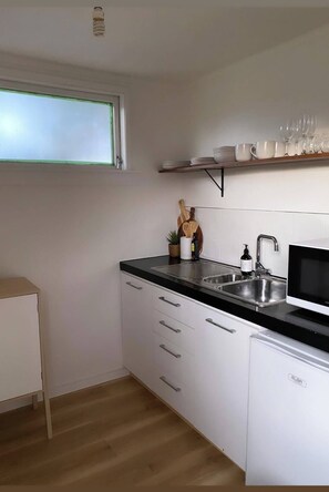 Fridge, microwave, electric kettle, toaster